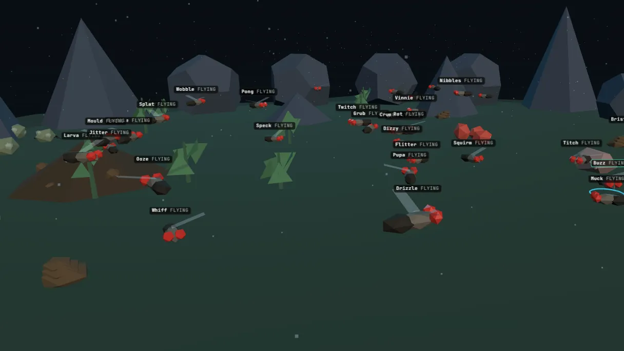 Flies flying over a low-poly field in the fly.ai simulation